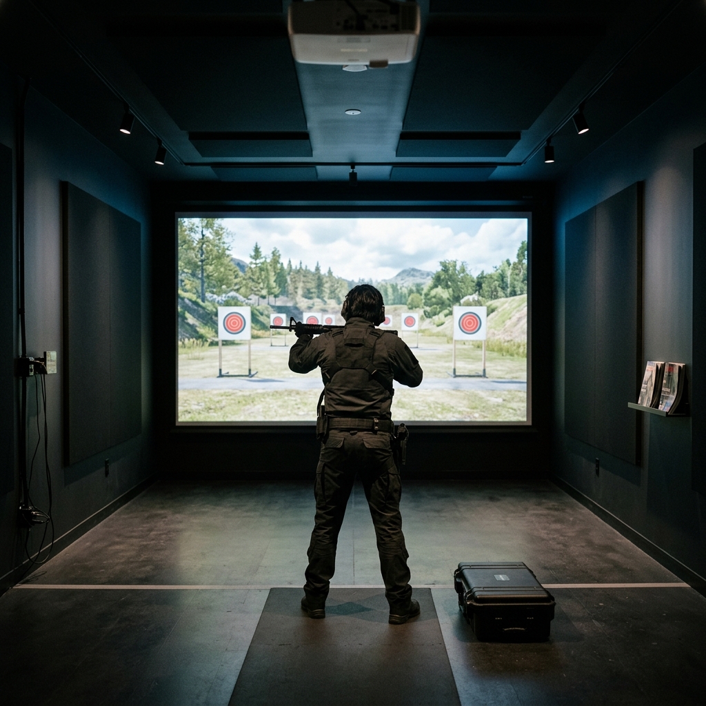Illustration of SETMV Virtual Military Shooting Range Simulator interface and dashboard